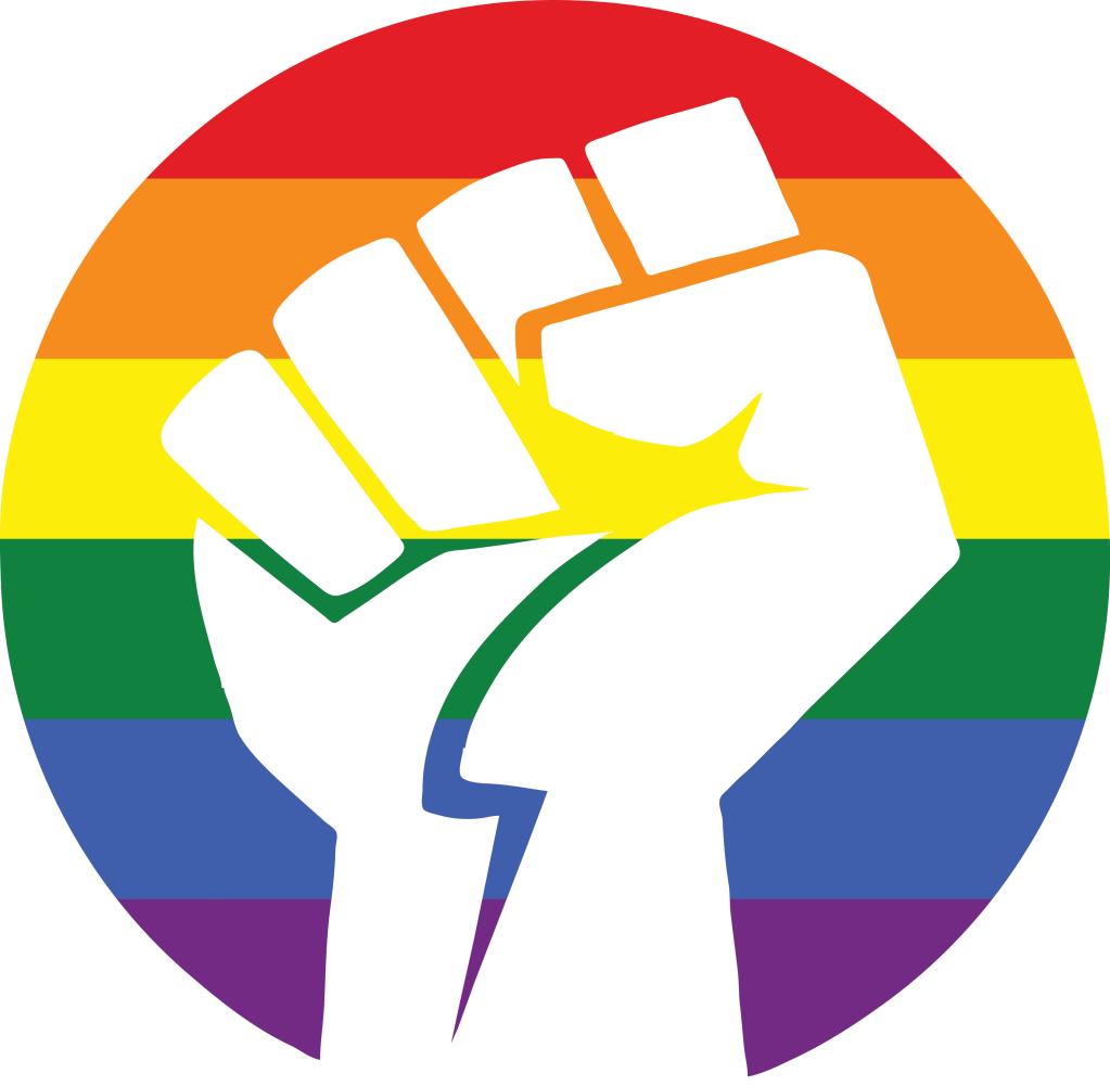 Fist raised on a rainbow background.