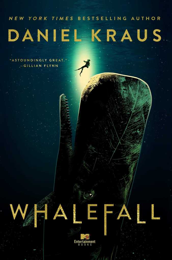 Cover of the book "Whalefall" by David Kraus. It shows the image of a scuba diver about to be swallowed by a sperm whale. The picture is realistic, with a prevalence of dark colours.